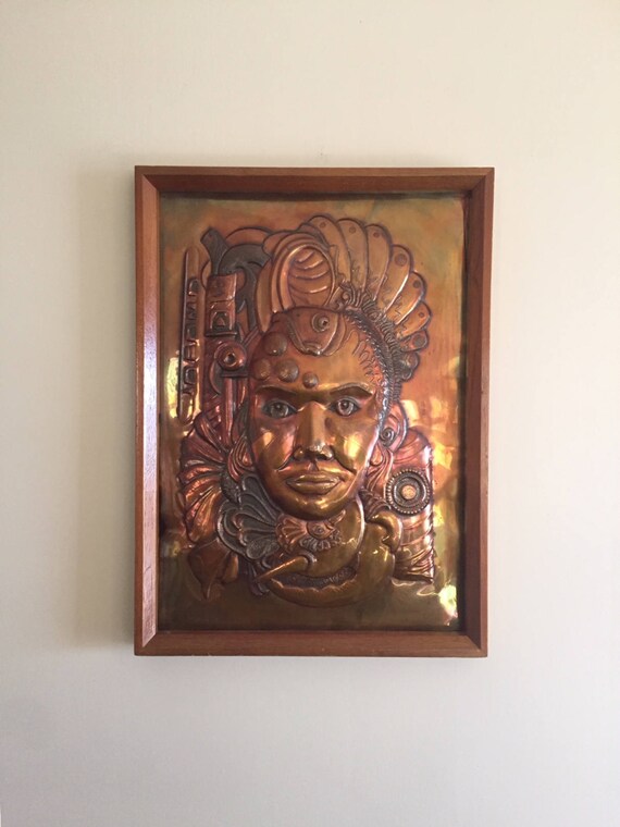 Vintage Mexican Copper Wall Plaque ART Myan God Framed Picture 3D Sculpture