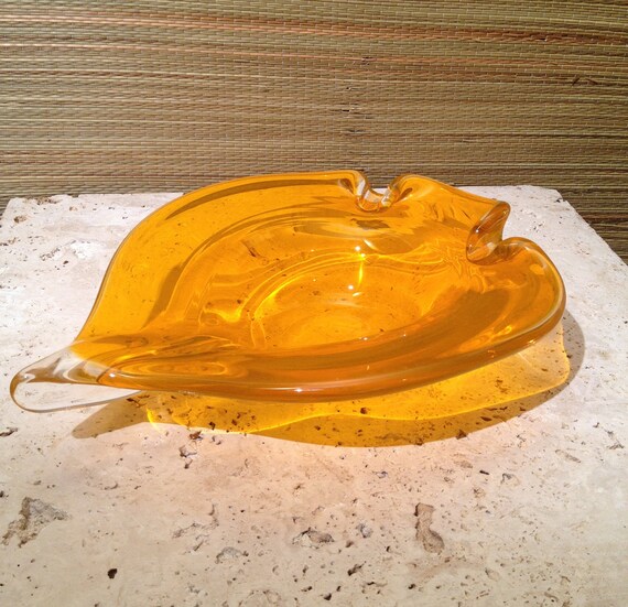 Stunning Vintage Murano Orange Yellow Italy Italian Art Glass Biomorphic Bowl