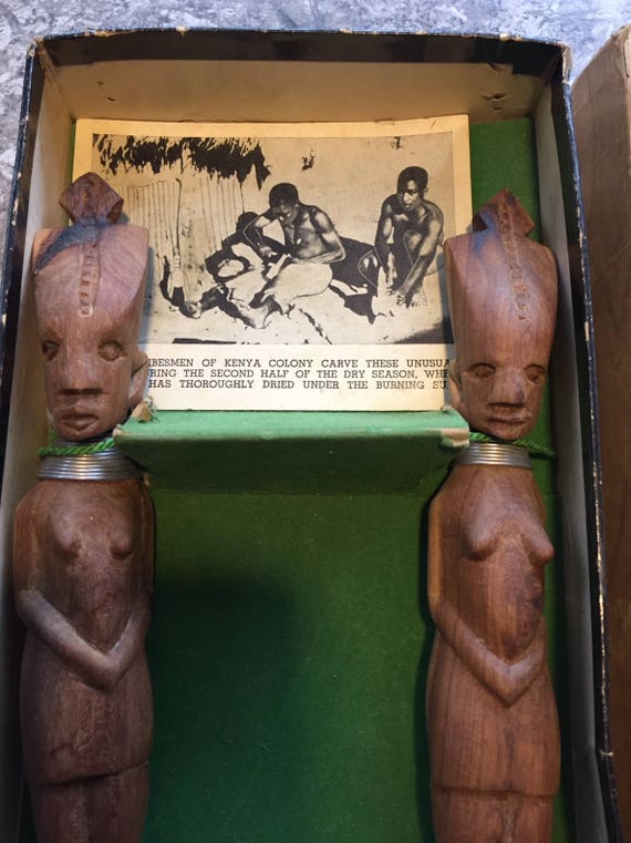 Rare Vintage African Carved Wood Salad Set Tribal art sculptures Kenya Figures