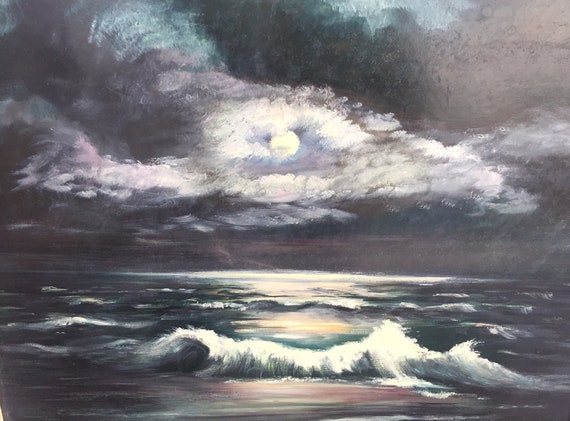 Vintage Original Oil Painting Marie Linnel Seascape Moonlight Ocean Framed ART