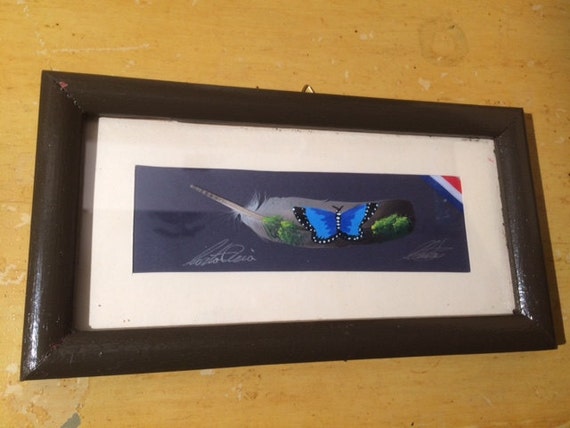 Vintage Original Signed Feather Painting Butterfly Framed Painted Art Bird Feather