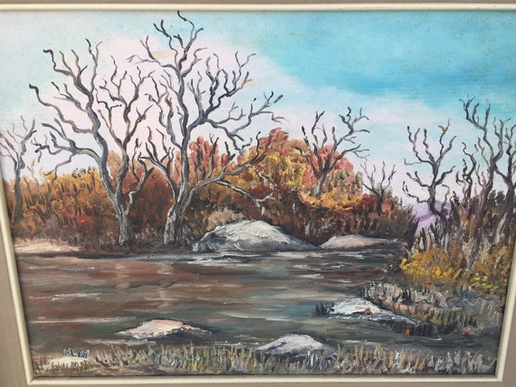 Vintage Original Oil Painting by MAY Winter Landscape River Side Framed ART