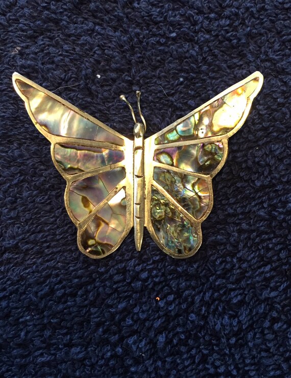 Vintage Mexican Sterling Silver and Abalone Butterfly Brooch Pin 925 Mexico