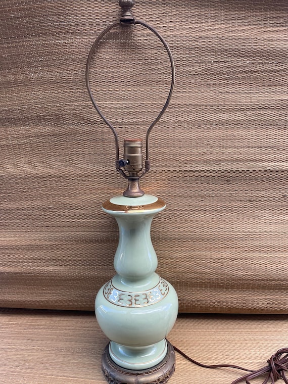Vintage Green Gold Celadon Porcelain Vase Table Lamp Greek Key Brass