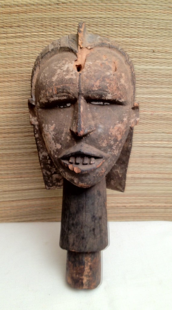 RARE 14" Antique Early African Tribal Carved Wood Staff Head Kuyu ? Congo Africa