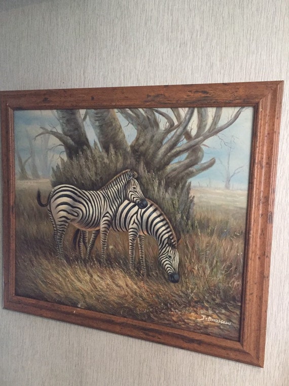 Vintage Framed Original Acrylic Painting African Zebras J. Brousseau Signed Art