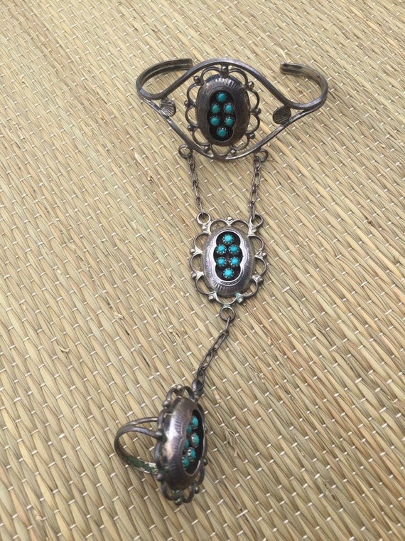 Navajo Sterling Silver Bracelet Hand Chain Ring Set Turquoise Blue Signed PL Paul Largo