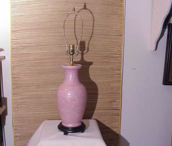 Vintage Hollywood Regency PINK Crackle Pottery Lamp Wood Base Brass