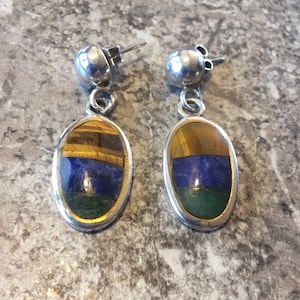 Vintage Rocel Mexican Sterling Silver Earrings Mixed Stone Tiger&#39;s Eye signed