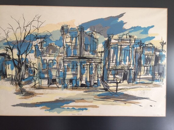 Vintage Lithograph Print Ltd Ed Art Cityscape Mid-century modern Susan Davis 70s