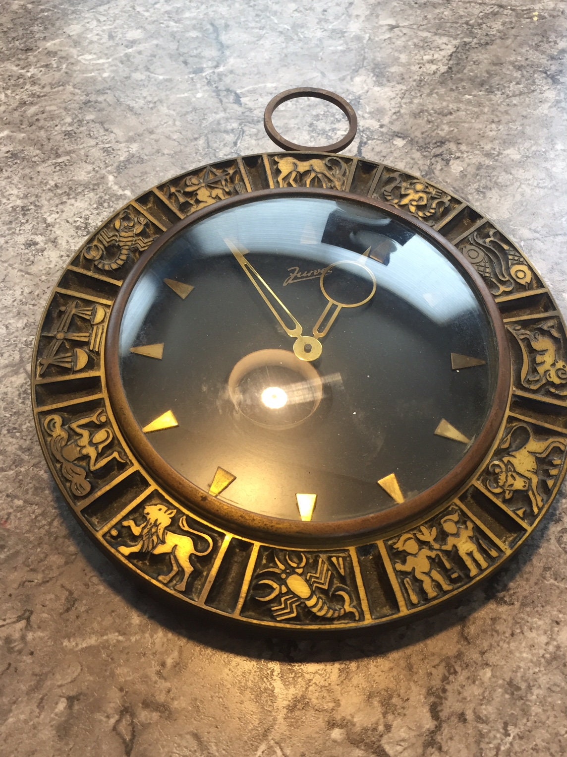Rare Vintage ZODIAC Wall Clock Brass Jurvel Astrology Wind up WORKS 1950's