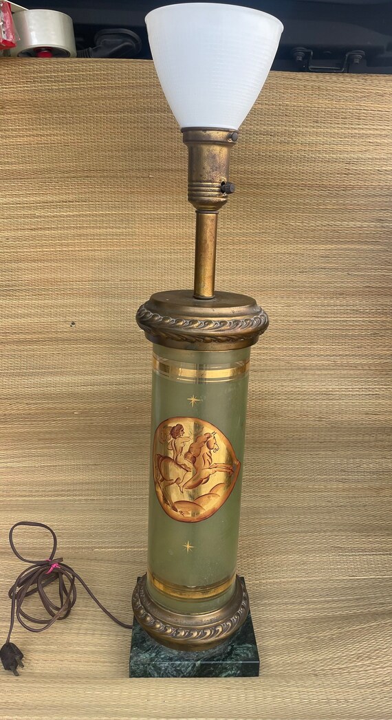 Vintage Hollywood Regency Painted glass Brass Lamp Mont Rembrandt Stiffel Signed Neoclassical