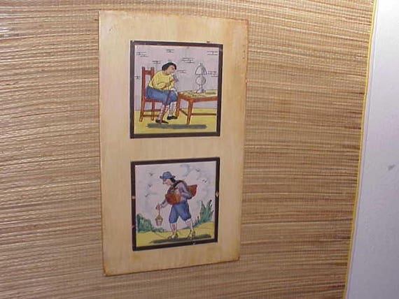 Early Vintage Wall Art Tile Set Framed Folk Pictorial b