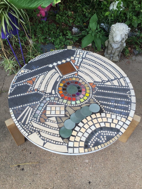 Vintage Mosaic Coffee Table Inlaid Artist Designed Tri-Leg Mid-Century Modern Style Abstract ART