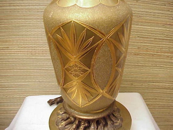 Vintage Hollywood Regency Gold Table Lamp 1950's Crackle Glass Brass