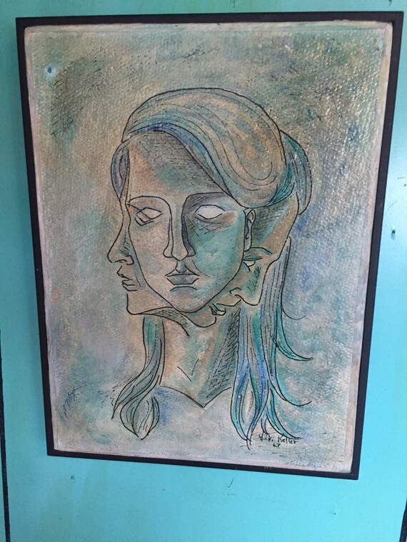 Vintage Mid-century Modern Painting Lady Picasso Style 1960’s Art Viki Keller