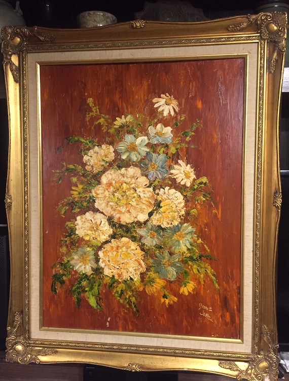 Vintage Oil on board by Annie Cordell Floral Framed thick Palette Oil Textured