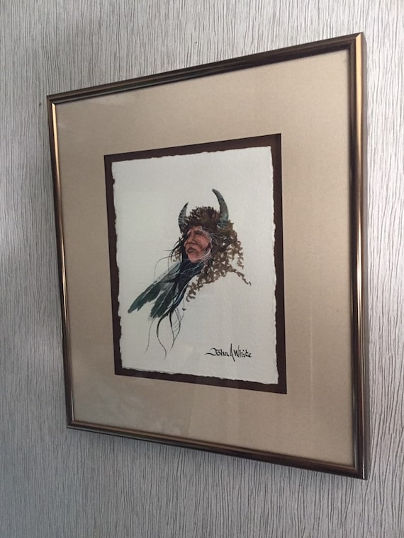 Vintage John A White Watercolor Painting Southwestern Art Buffalo Headdress