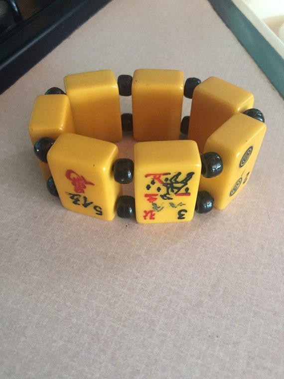 Vintage Bracelet Bakelite Stretch Mahjong Tile Black Beads