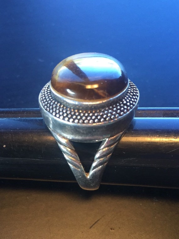 Vintage Estate Ring Sterling Silver Large Brown Fire Agate Size 6.5 Estate
