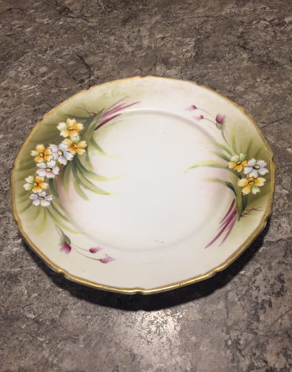 10" Nippon Hand Painted Floral Plate with Beaded Edge Floral M Wreath Mark