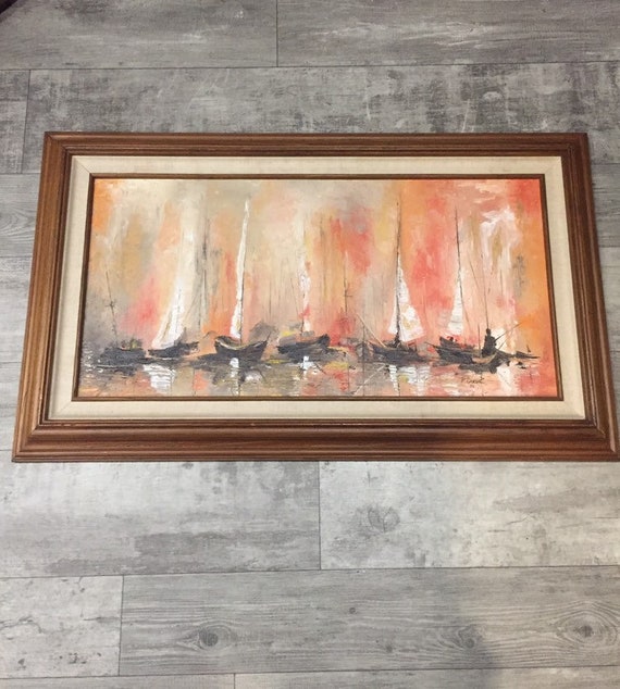 Mid-Century Modern Oil Painting Impressionist Framed Art Sailboat By Dixon Seascape nautical