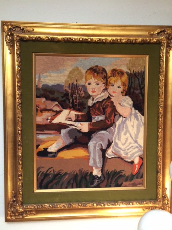 Large Vintage Framed Needlepoint Textile Art Boy & Girl ORNATE GOLD FRAME