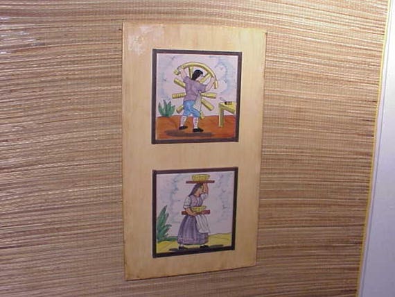 Early Vintage Wall Art Tile Set Framed Folk Pictorial a