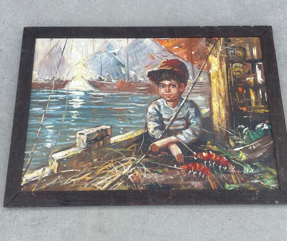 Vintage Oil Painting By Paul Malet Signed Boy Fishing Boat Harbor