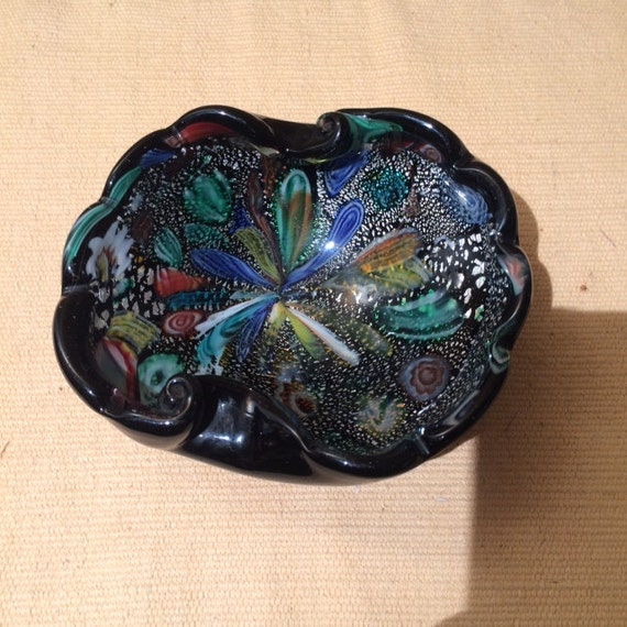 Vintage Murano Dino Martens Art Glass Bowl Tutti Fruiti Black Italian Mid-Century