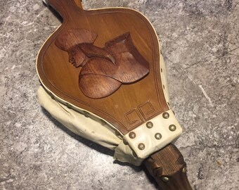 Vintage Wood and Leather Bellows Dog Head Figural Fireplace Tool
