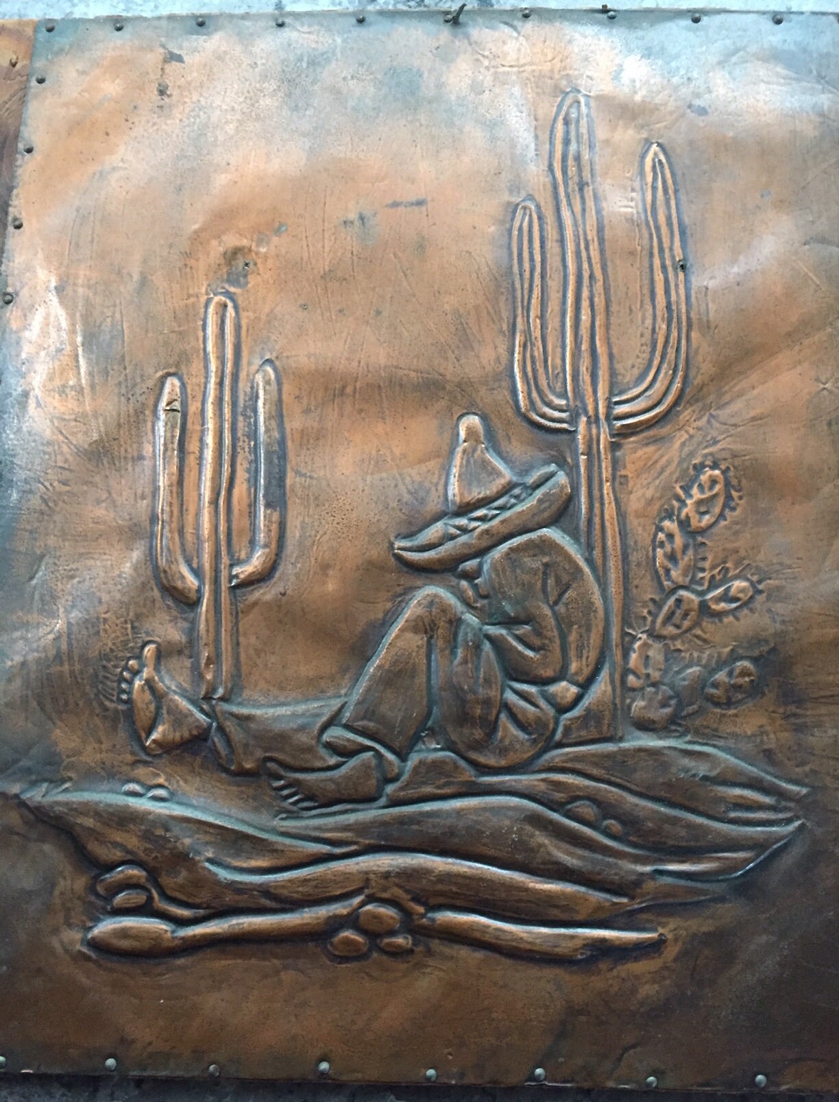 Vintage Mexican Copper Relief Wall Art Cactus Senor Sombrero Mexico