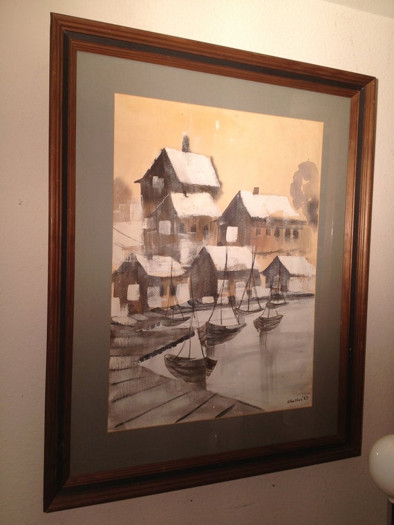 Vintage Signed 1960's Large Original Art Watercolor Painting by Shelton