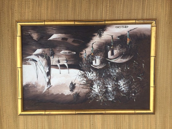 Mid Century Modern Haitian Painting Listed Artist Camille St. Charles Boats