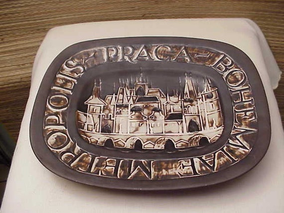 Vintage Mid-Century Modern Art Pottery Tray Prague Cityscape Signed MJ?