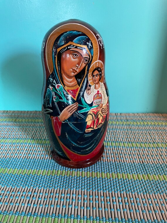 Vintage Hand Painted Signed Russian Nesting Dolls 5 Piece Set~Religious Madonna