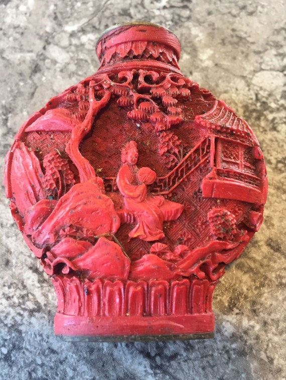 Vintage Antique Chinese Snuff Bottle Red Carved Cinnabar - brass Signed