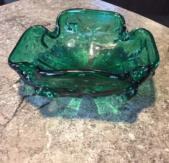 Vintage Murano Bubble Art Glass Bowl Heavy green Sommerso Italy Italian