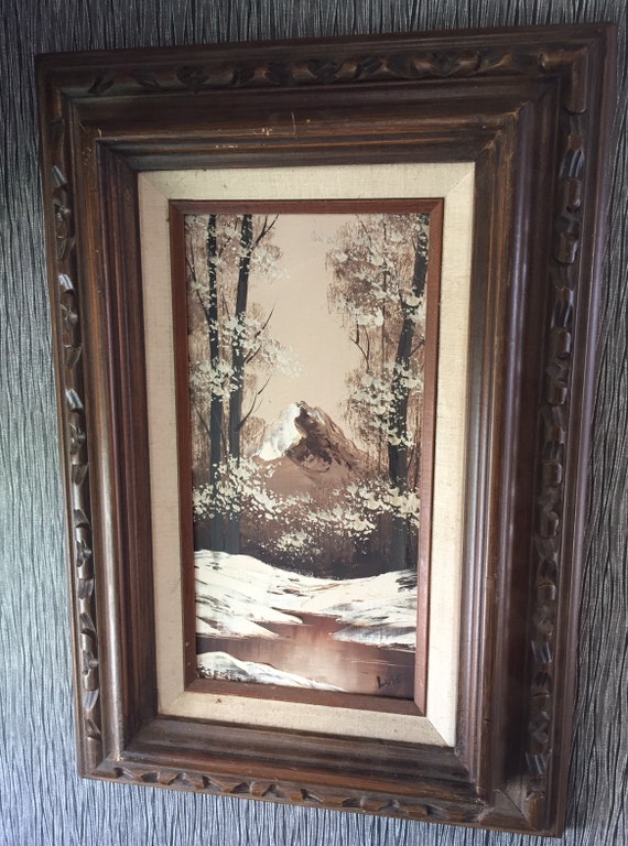 Vintage oil Painting on Board by LUCY 1960's ART Snow Mountain Carved Frame b
