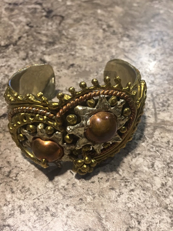 Vintage Mexican Mixed Metals Cuff Bracelet Copper Silver Brass Brutalist Modernist