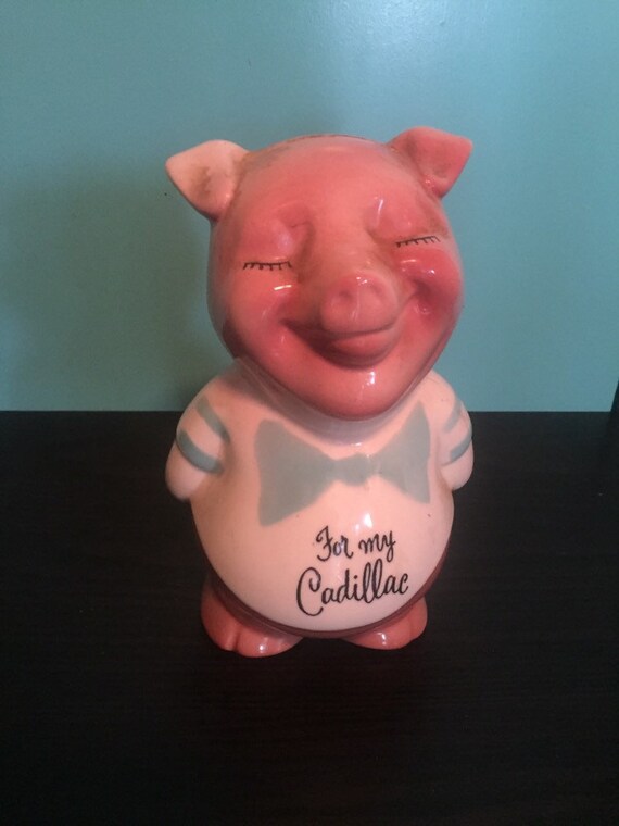 Royal Copley ~ 8” Pottery ~ Coin Money Pig ~ Piggy Bank “For My Cadillac” ~ USA