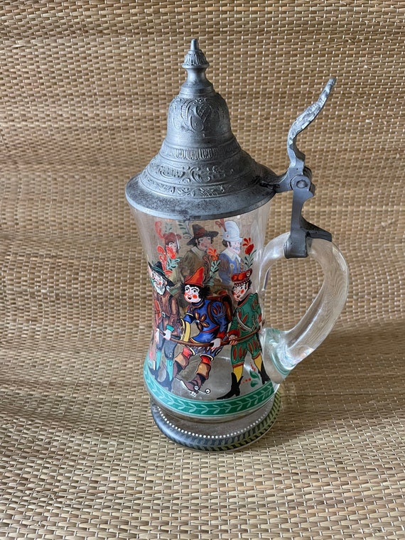 Vintage Painted German Glass Beer Stein with Metal Lid Soldiers 9 1/2”