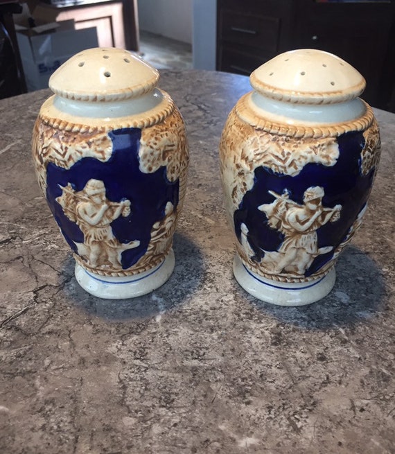 Large Vintage Ceramic Salt & Pepper Shakers Japan Blue White Figures Japanese