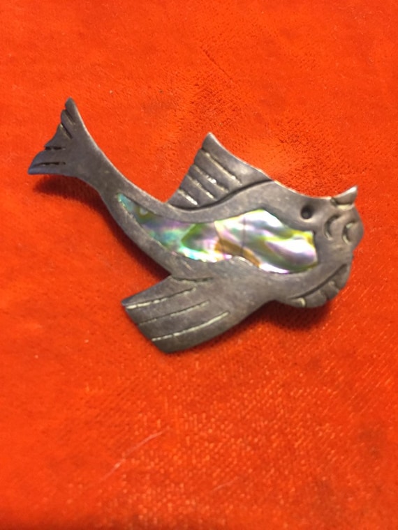 Vintage Sterling Silver Mexican Abalone FISH Brooch BY MR Malicio 925