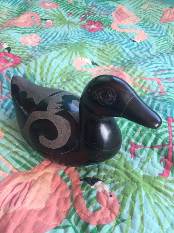Vintage Black Pottery Duck Mexican Signed V. Silva Black ware