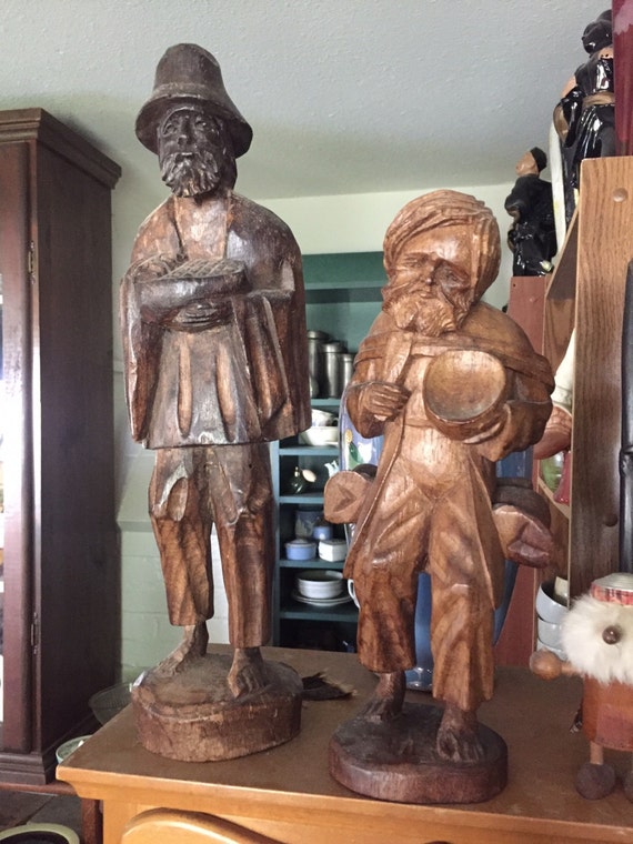 Early Vintage PAIR  Carved Wood Carvings Sculptures Don Quixote & Sancho Panza or Peasants ?