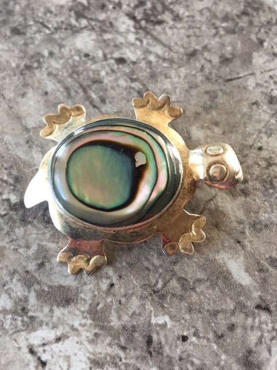 Vintage Mexican Turtle Brooch Pin Abalone and Alpa