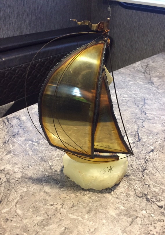 Vintage Sailboat Art Sculpture Signed Demott Metal Rock Base Jere Era Art