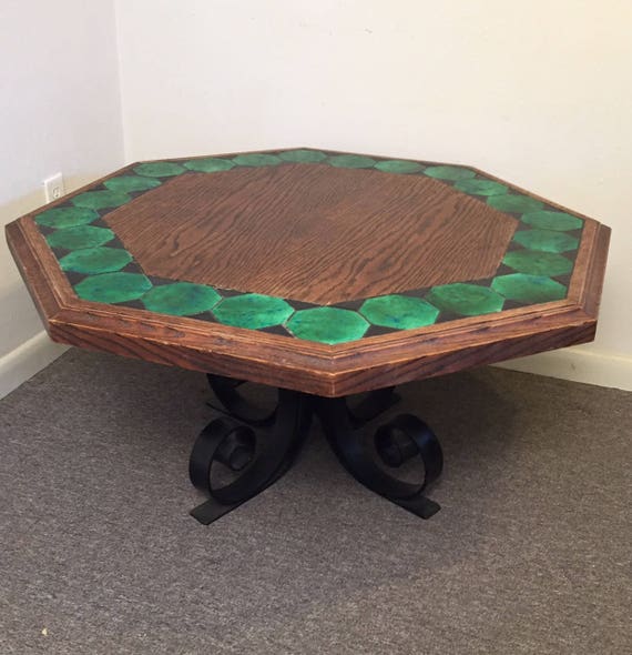 Vintage Octagon California Tile Top and Wrought Iron Coffee Table Oak Green Tile Pick up Only Houston Area