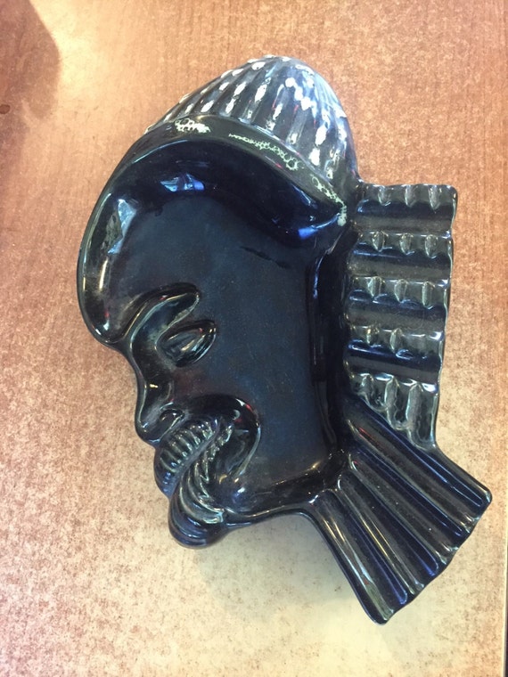 Vintage 50's Black African Girl Pottery Ashtray Wall Plaque Nubian Mid-Century Modern Art